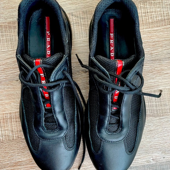 Prada Shoes - Prada Black Sneakers with Red Logo Stripe